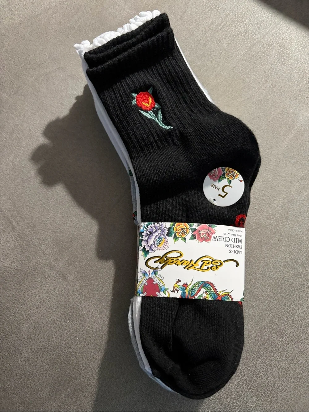 Black Floral Embroidered Crew Socks - Ladies Fashion